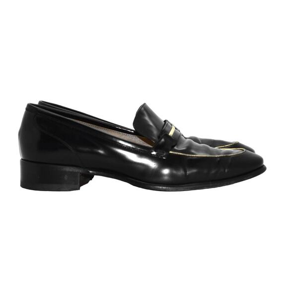 B4 Auth SALVATORE FERRAGAMO Reed Black Leather Gold Trim Loafer Shoes Sz 9B $495